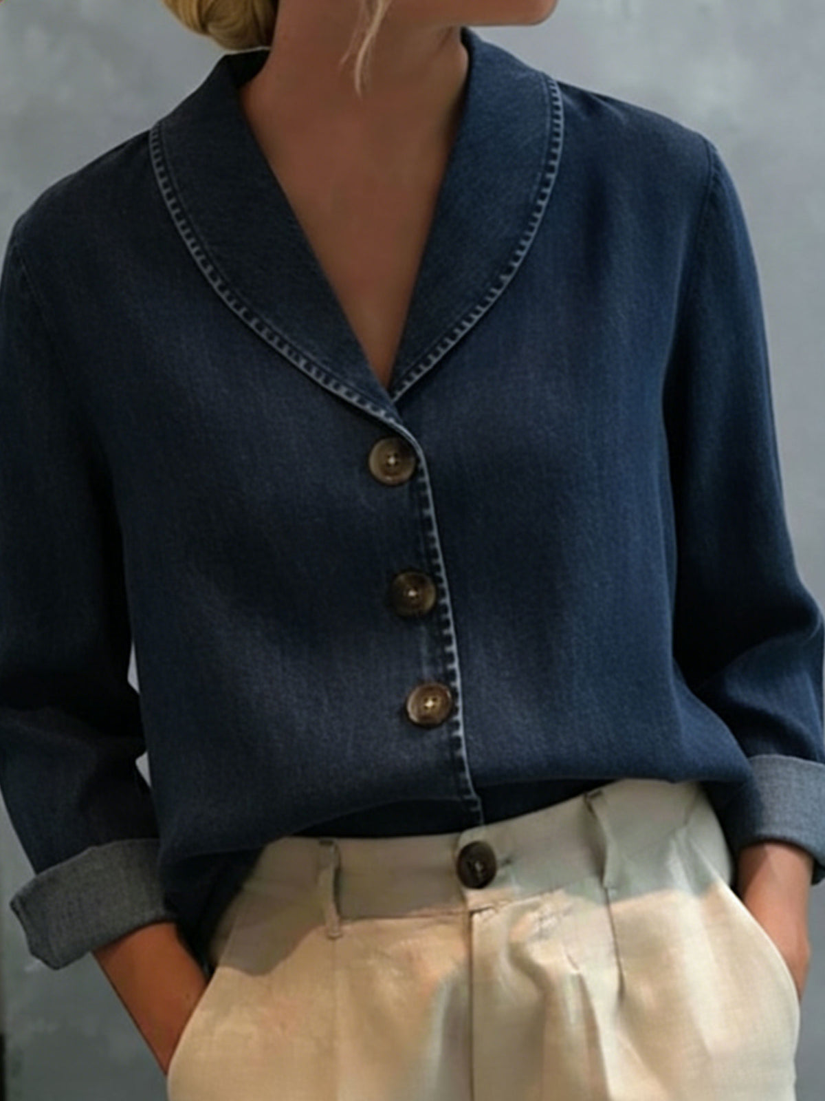 Vintage Shawl Collar Button-up Denim Cotton Top