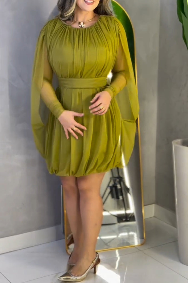 Women's Elegant Pleated Mesh Capelet Mini Dress with Belt