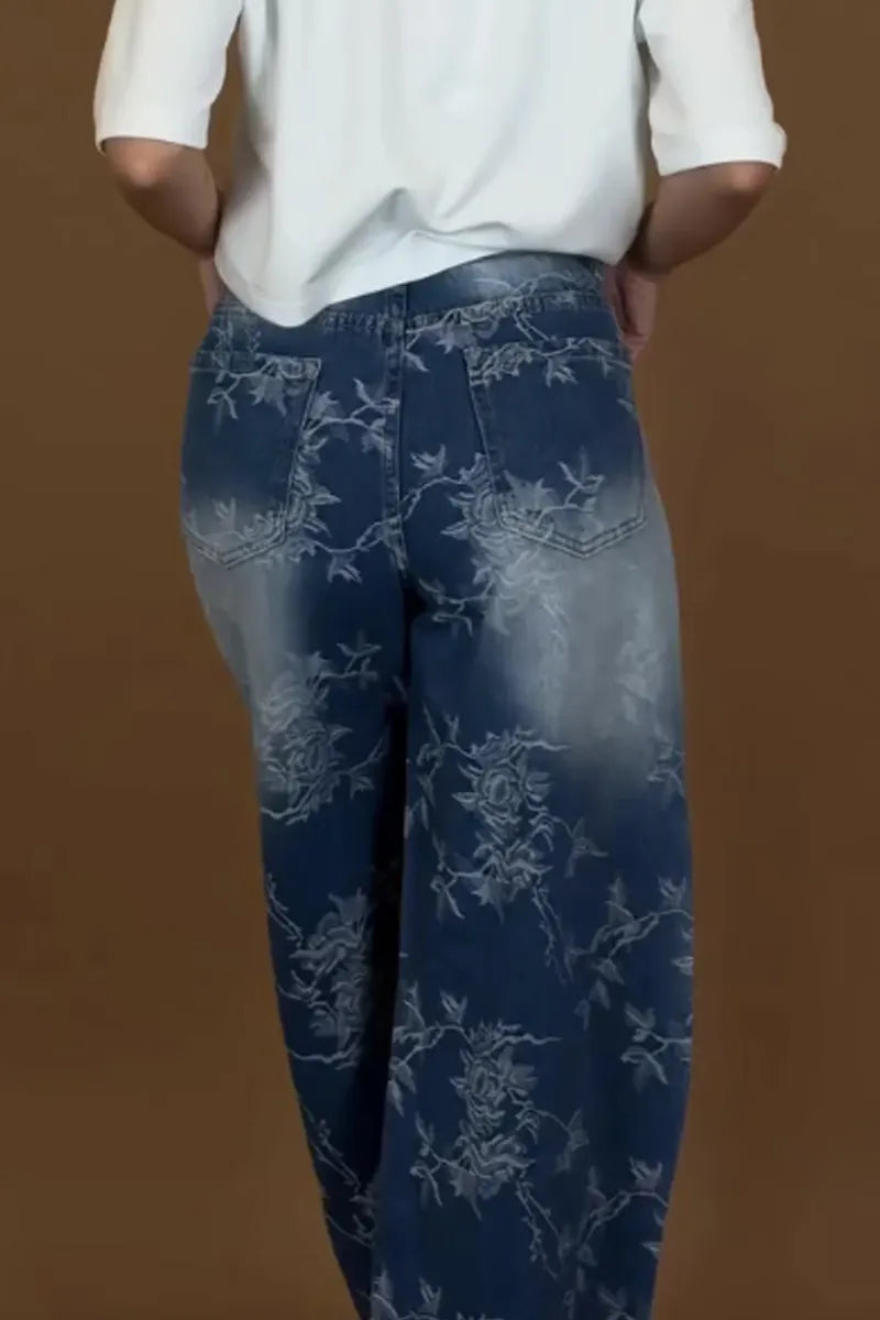 Women's Acid Wash Denim Pants with Eyelet Embellishments & Side Slit