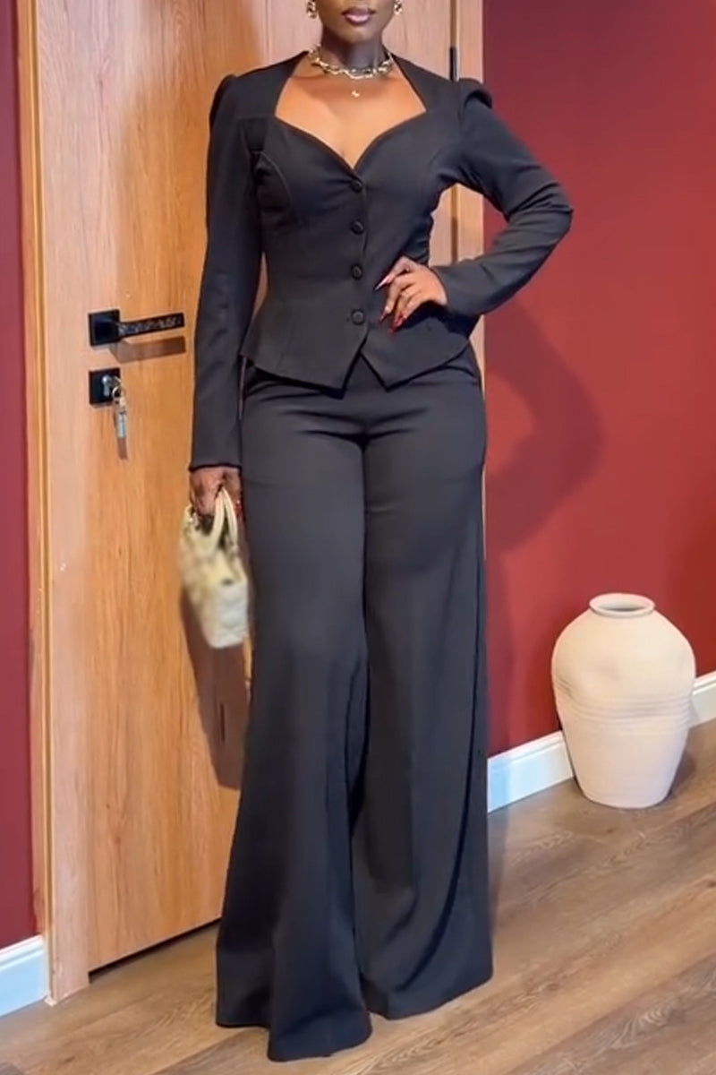 Women's Square Collar Waist Cinched Top+ Pants Casual Outfit with Temperament