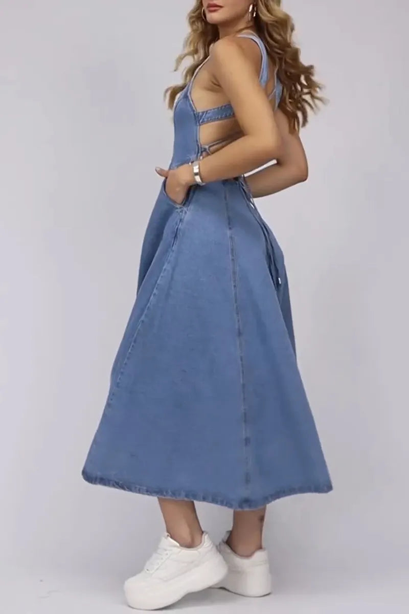Women's Casual Zipper Slit Hem Open Back Cami Denim Dress