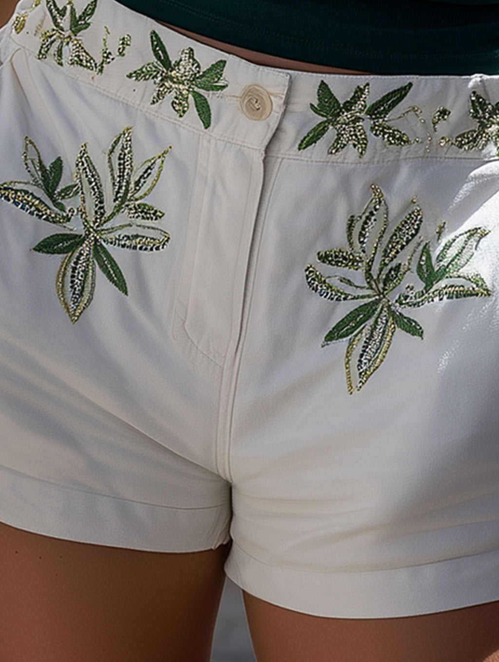 Vacation Casual White With Green Leaf Embroidery Denim Shorts
