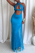 Women's Braided Detail Halter Cutout Fringe Hem Bodycon Maxi Dress