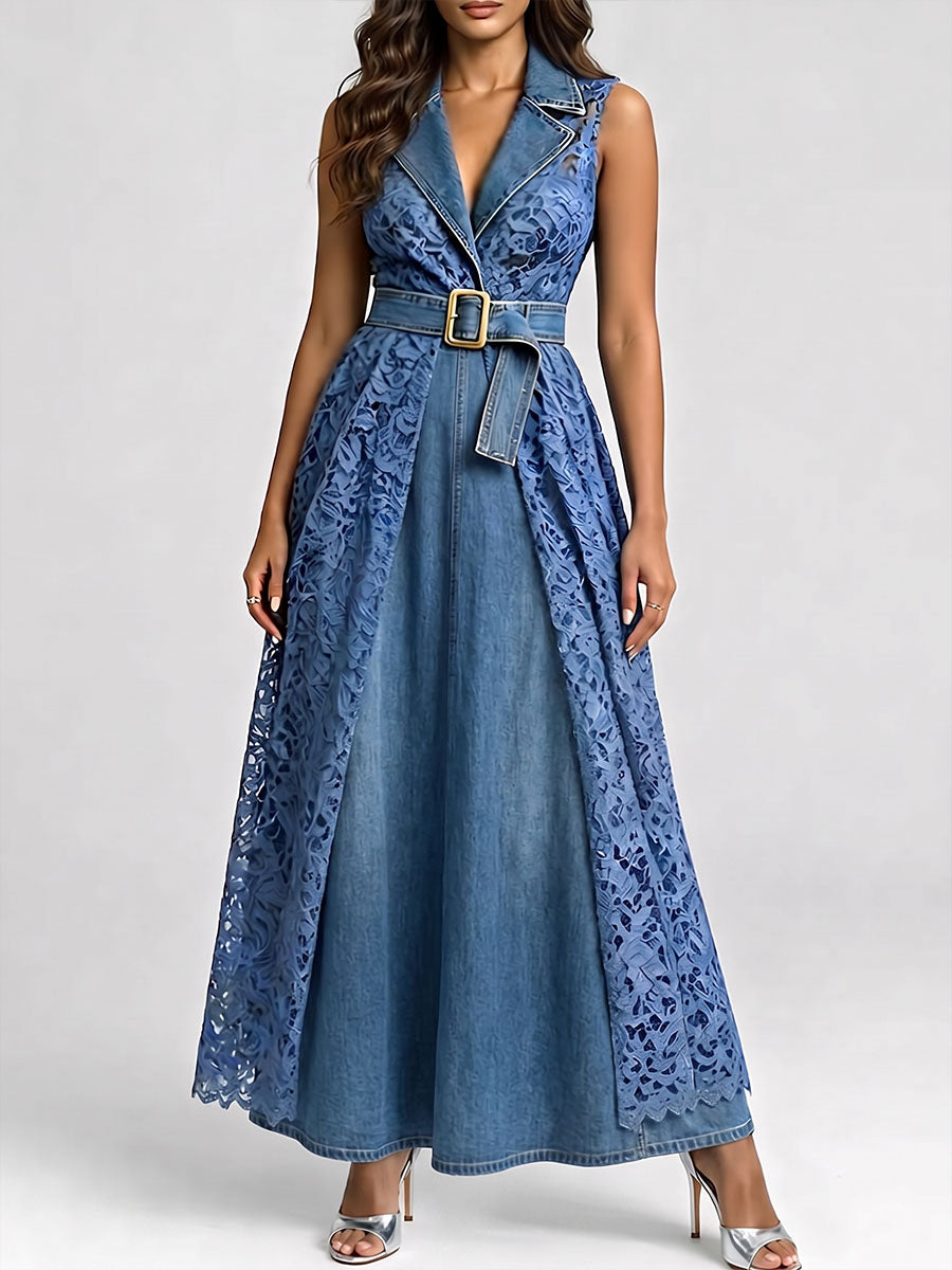 Women's Casual Loose Denim And Lace Patchwork Dress With Lapel Collar And Sleeveless Design