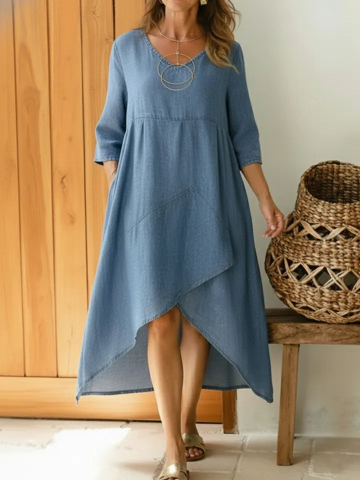 Casual V-neck Irregular Hem Denim Cotton Dres