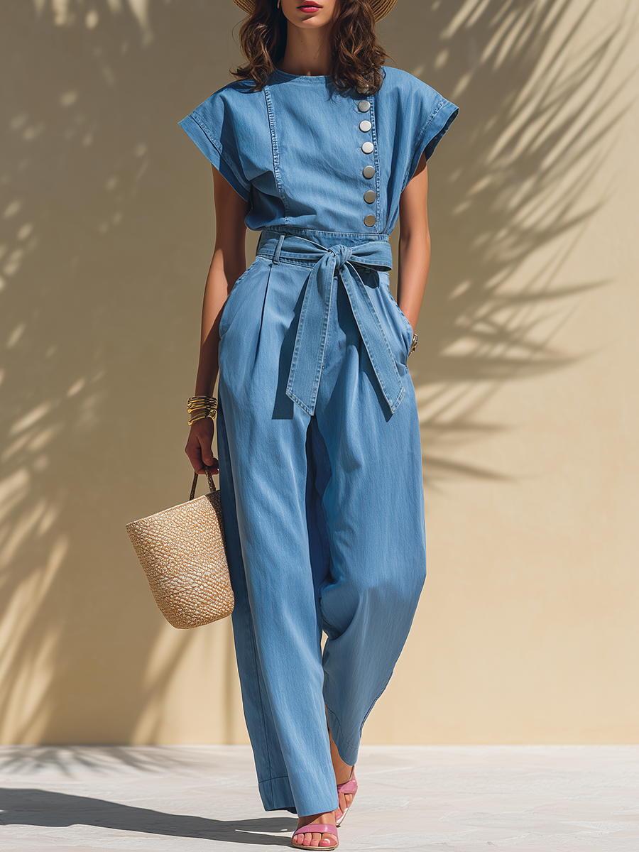 Trendy Vacation Sleeveless Top And Wide-leg Pants Denim Set