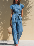 Trendy Vacation Sleeveless Top And Wide-leg Pants Denim Set