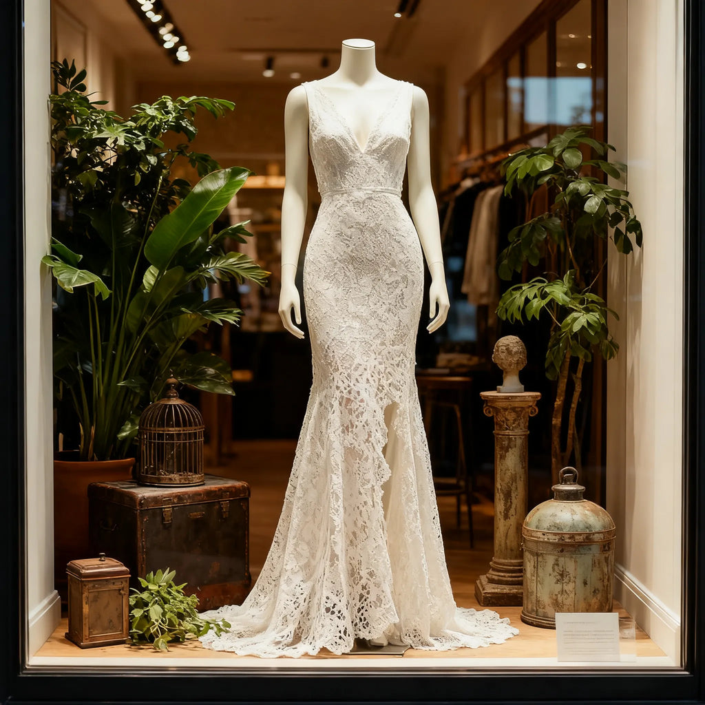 White Lace Western-Boho Maxi Dress with High Slit