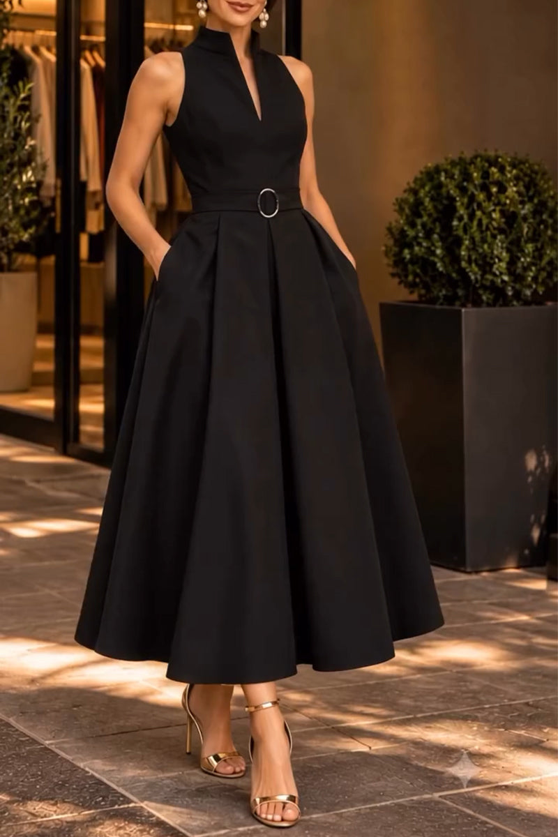 Women's V-neck Sleeveless Waist Cinched Elegant Temperament Dress