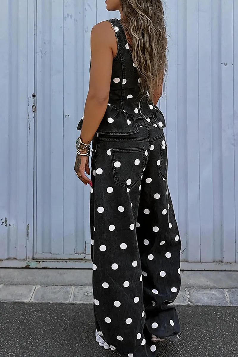 Women's Casual Polka Dot Flounce Hem Denim Vest or Wide Leg Jeans