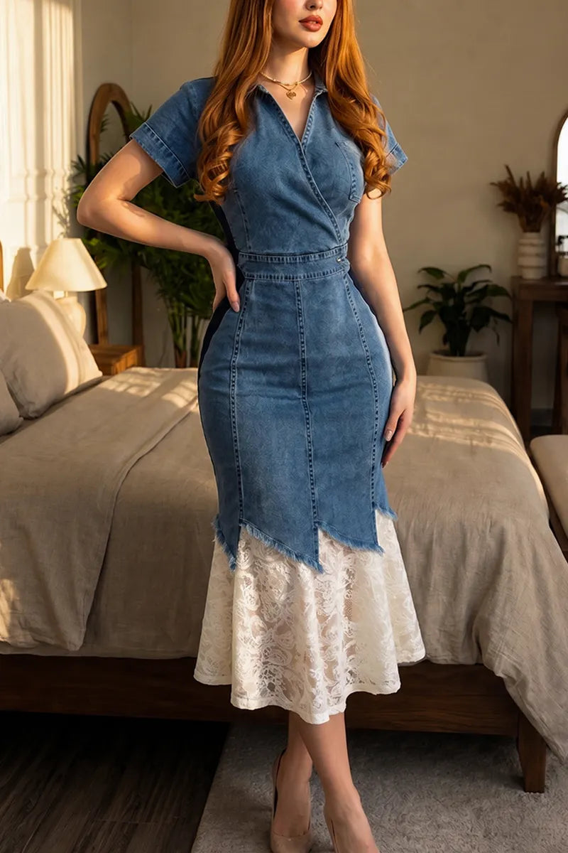 Women's Elegant Waist Defined Lace Panel Hem Denim Dress