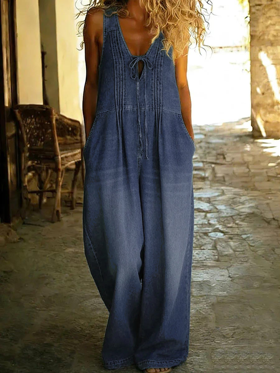 Hollow Pleated Pockets Solid Color Split-Joint Tied Loose Sleeveless Deep V-Neck Jumpsuits
