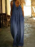 Hollow Pleated Pockets Solid Color Split-Joint Tied Loose Sleeveless Deep V-Neck Jumpsuits