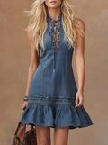 Retro-chic, Understated Luxury Style: Tie-neck, Ruffled-hem Blue Denim Mini Dress