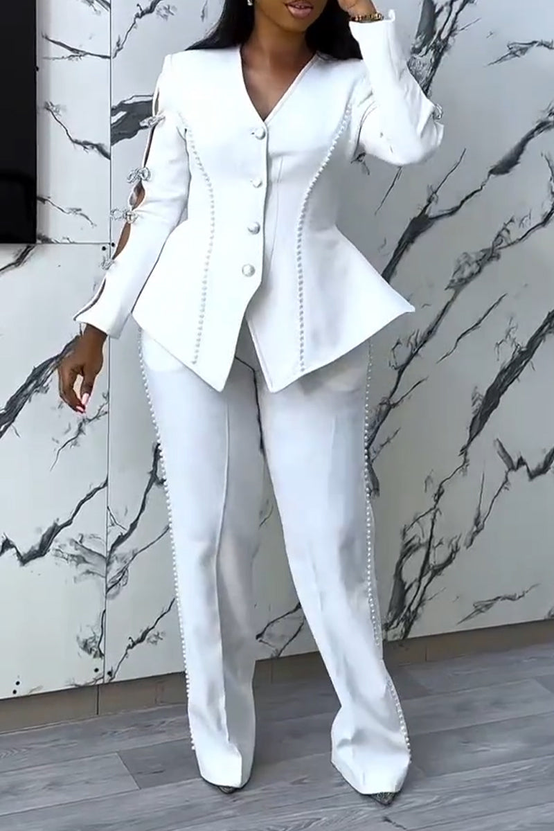 Women's V-neck Nail Bead Sleeve Bow Hollow Jacket or Pants