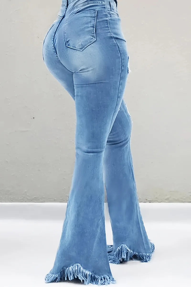 Women's Stylish Distressed Flared Jeans With Fringed Hem
