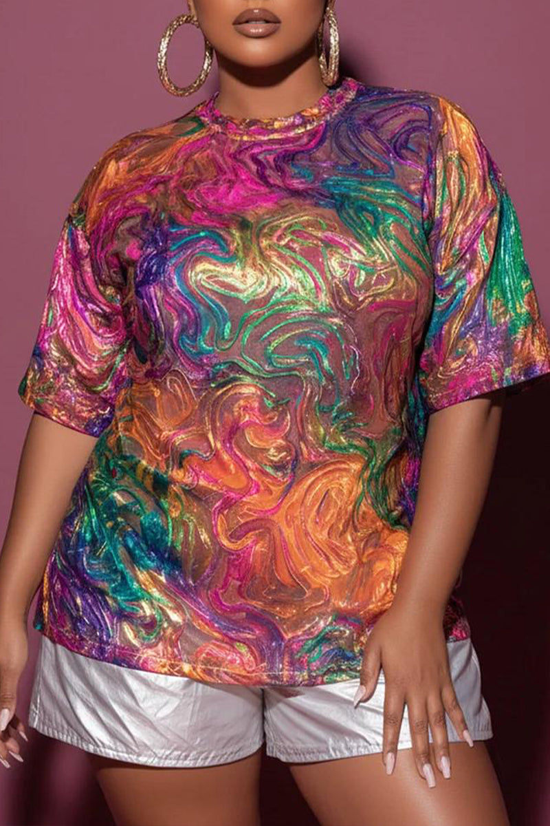 Women Round Neck Colorful Whirlpool Casual Top