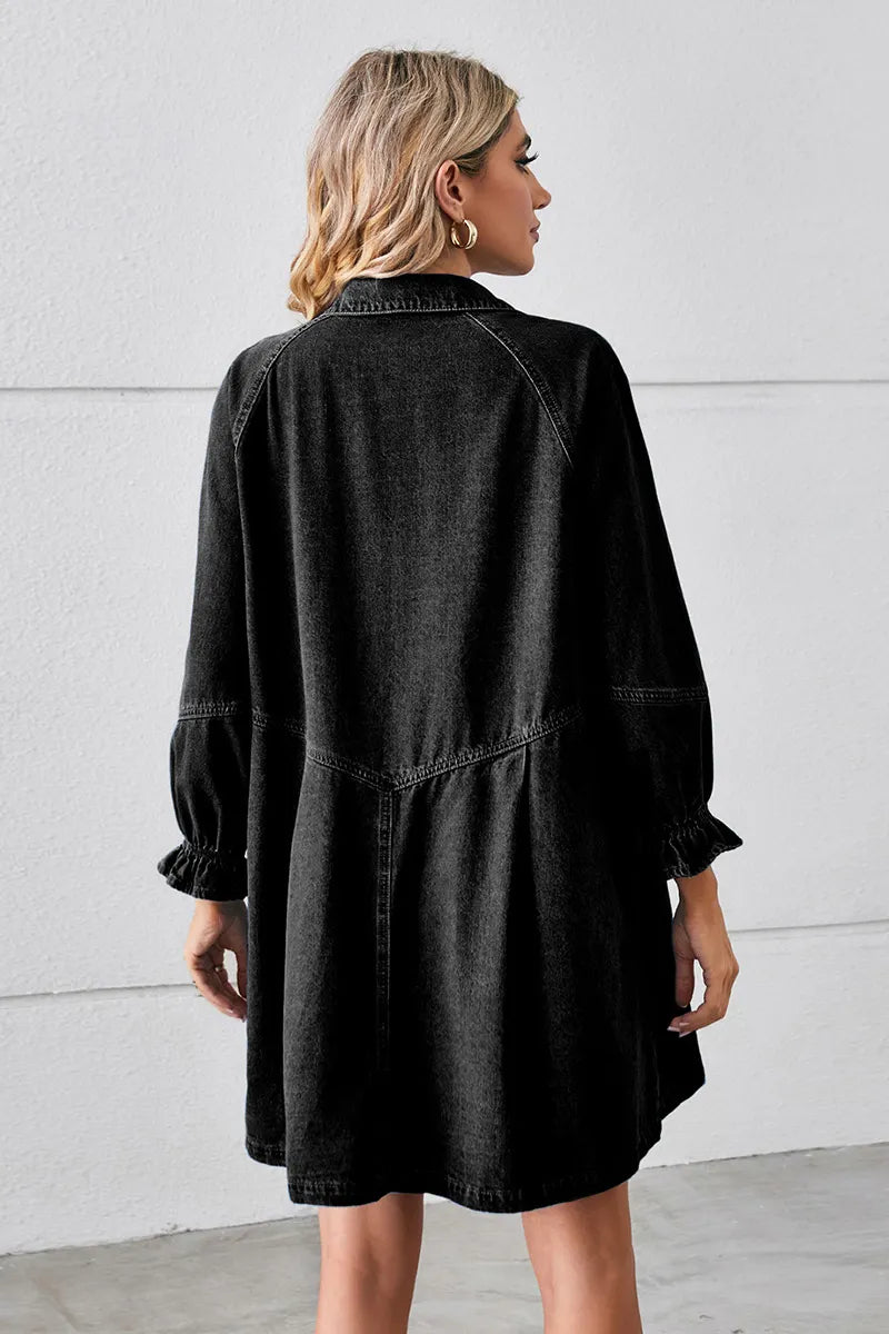 Casual Puff Sleeve Loose Fit Washed Denim Dress