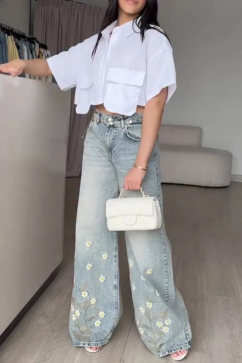 Women's Casual Print Decor Distressed Wash Wide Leg Jeans