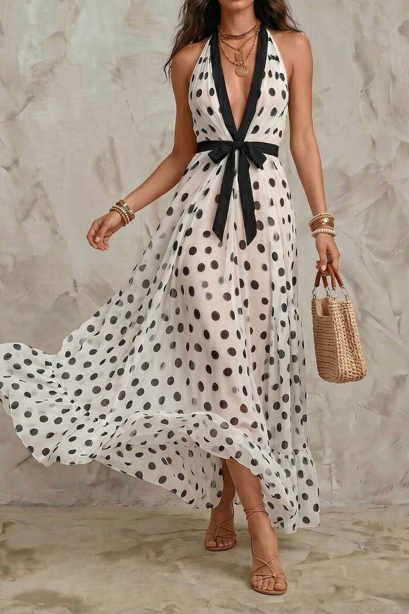 Women's Deep V-neck Polka Dot Print Waist Cinching Elegant Casual Dress