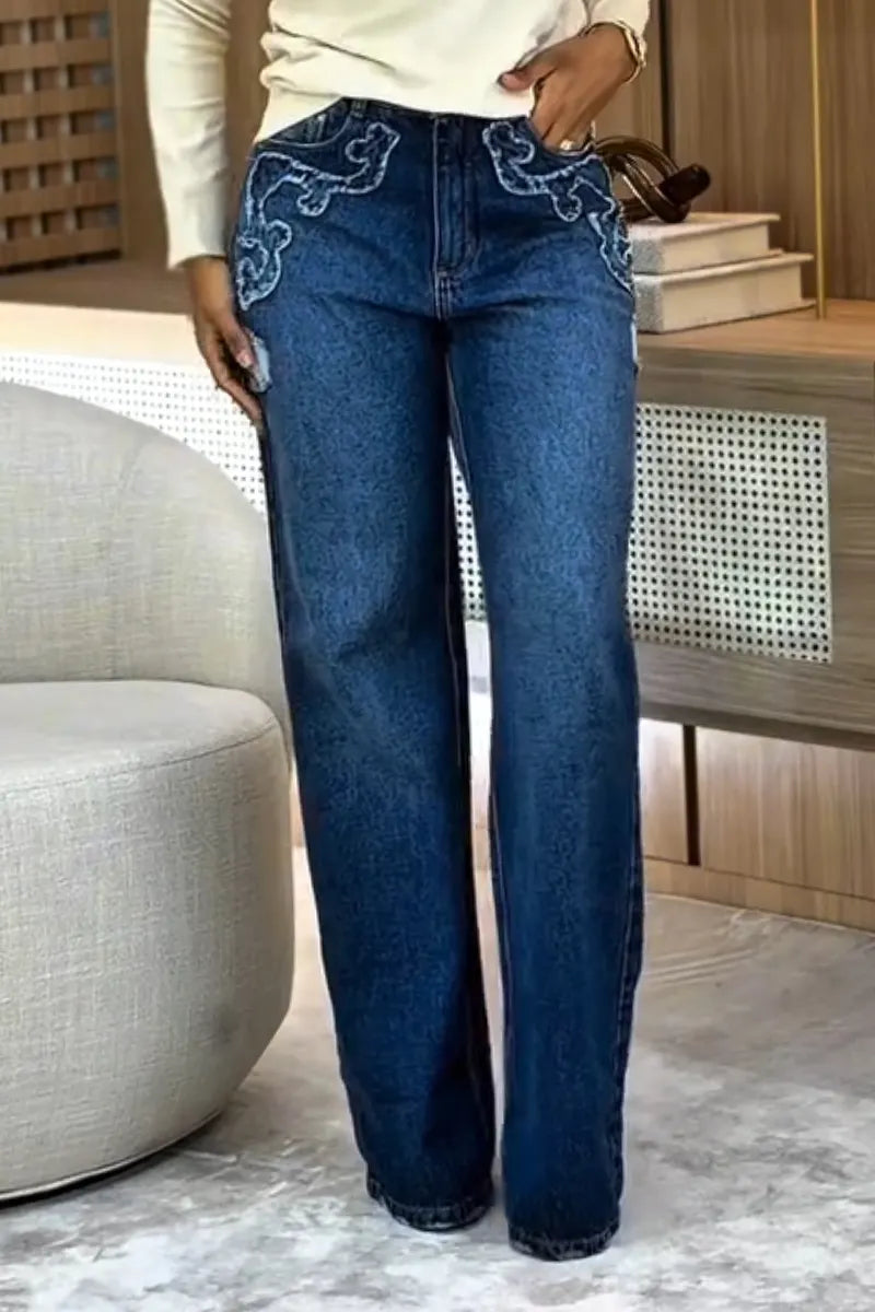 Women Wash Water Sticker Casual High Waisted Straight Leg Jeans