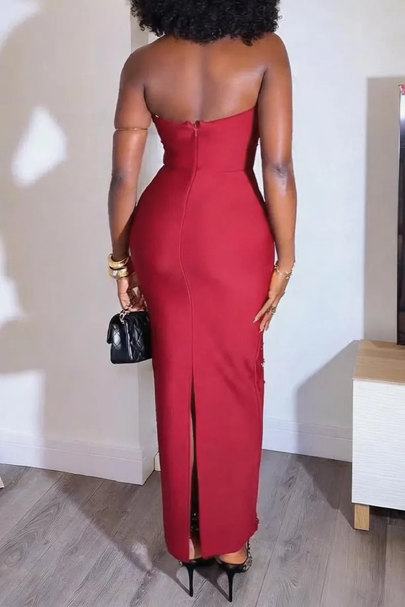 Women's Fashion Party Beaded Rhinestone Trim Maxi Dress