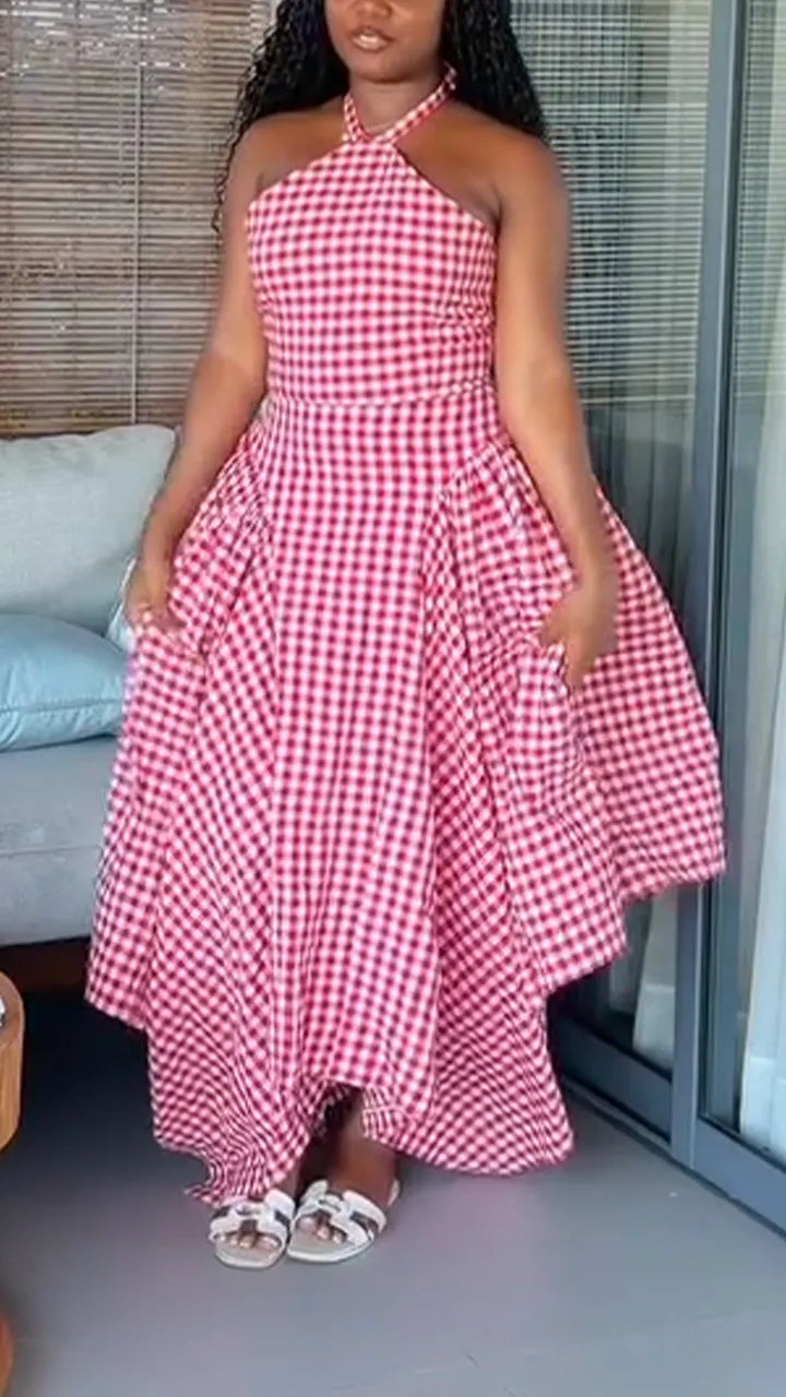 Women Neck Cinched Waist Plaid Print Irregular Elegant Casual Dress