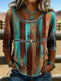 Women's Vintage Print Casual Hollow Denim Shirt
