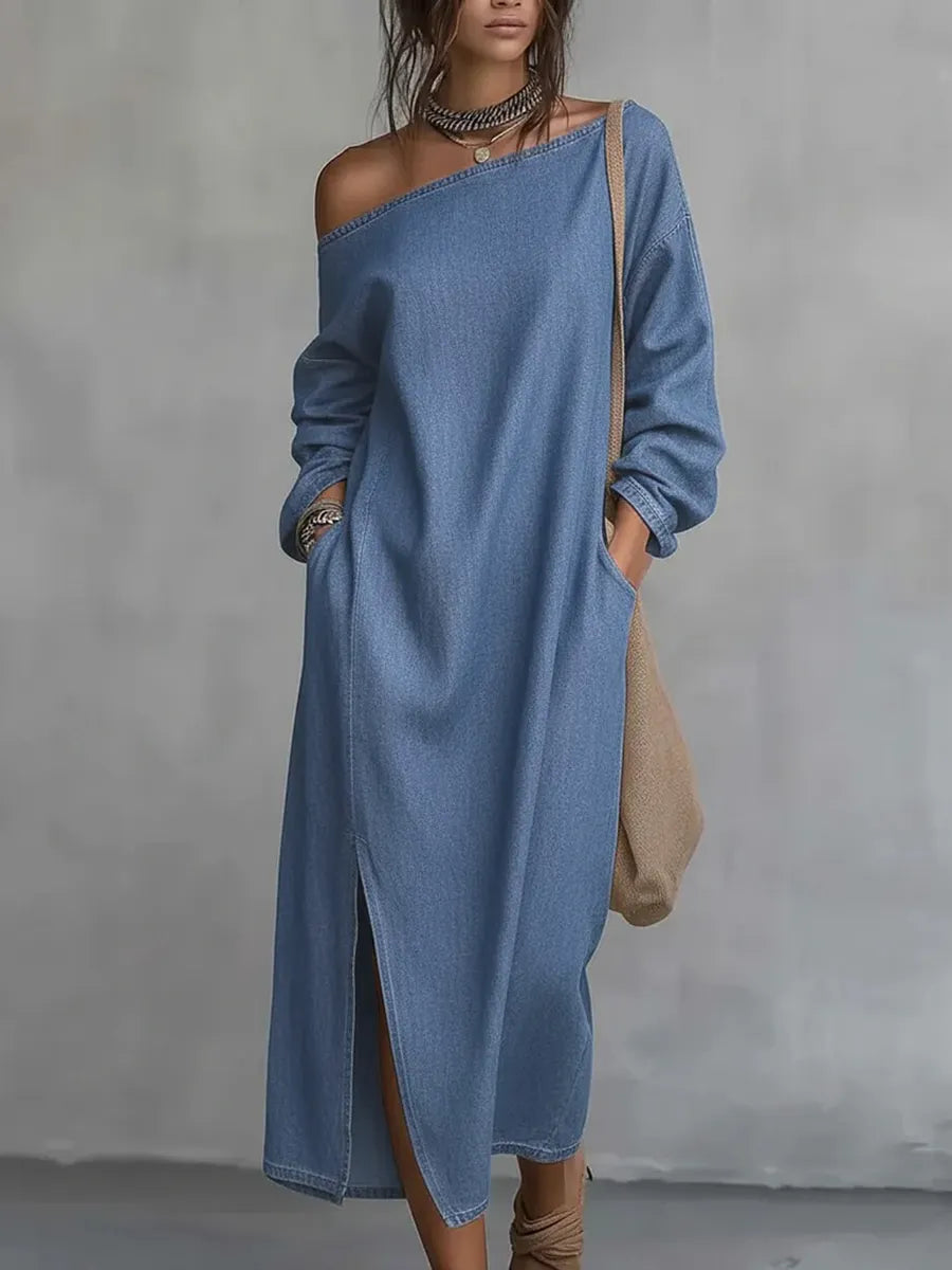 Pockets Solid Color Split-front H-line Long Sleeves One-shoulder Maxi Dresses