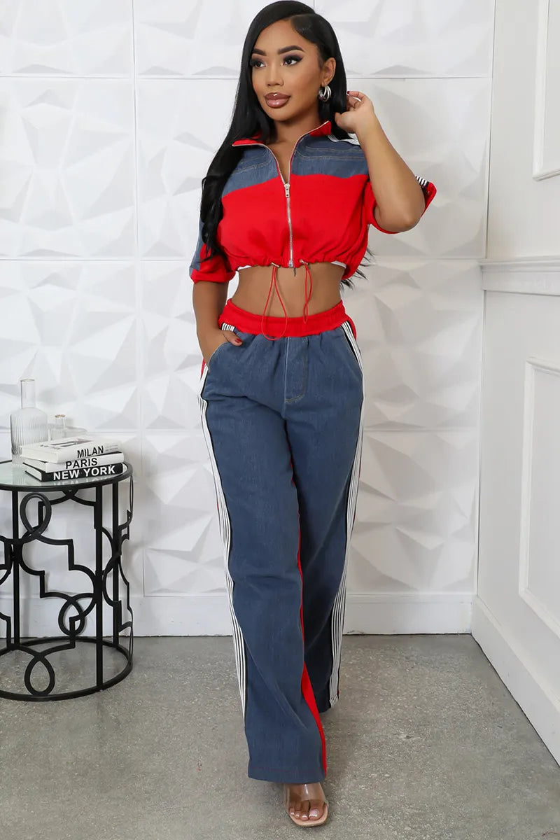 Women's Denim Patchwork Stand Collar Top & Color Block Pants Set