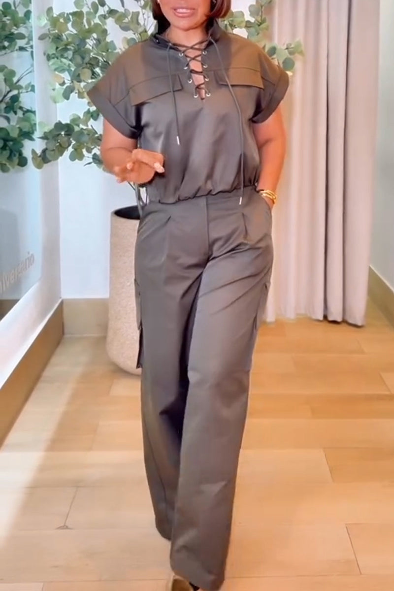 Women's Casual Lace-Up Top Cargo Pants Two-Piece Set