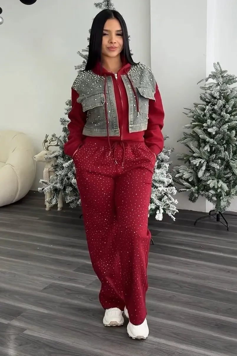 Women's Rhinestone Patchwork Denim Jacket + Waist Drawstring Pants Set