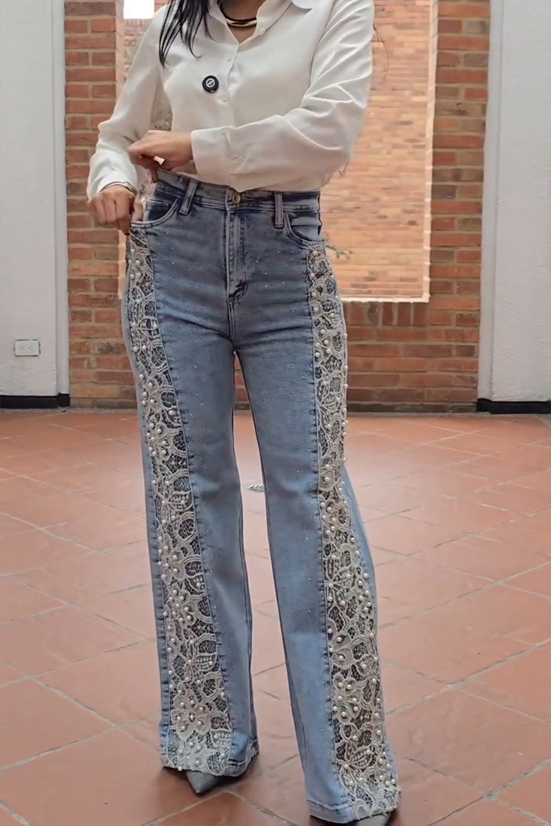 Women's Fashion Lace Patchwork Beads Decoration Wide Leg Jeans
