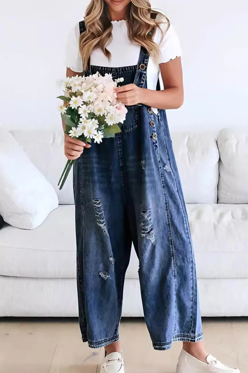 Women's Vintage Distressed Ripped Denim Overalls