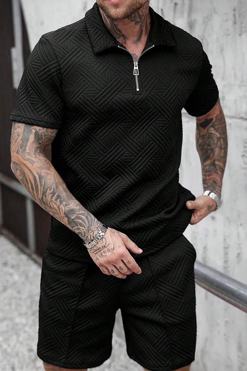 Men's Summer Casual Lapel Collar Full Zip Vertical Seam Detail Short Sleeve Shirt Or Elastic Drawstring Waist Vertical Stitch Side Pocket Casual Shorts