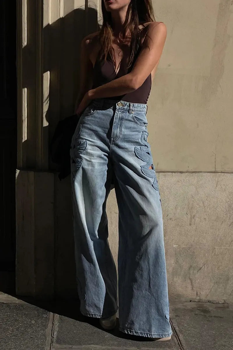 Women's Casual Bird Embroidered Cutout Wide Leg Jeans