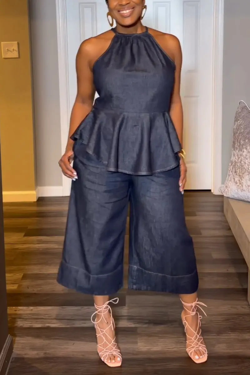 Women's Neck Hanging Spliced Top+ Pants Casual Denim Suit