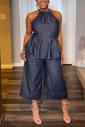 Women's Neck Hanging Spliced Top+ Pants Casual Denim Suit