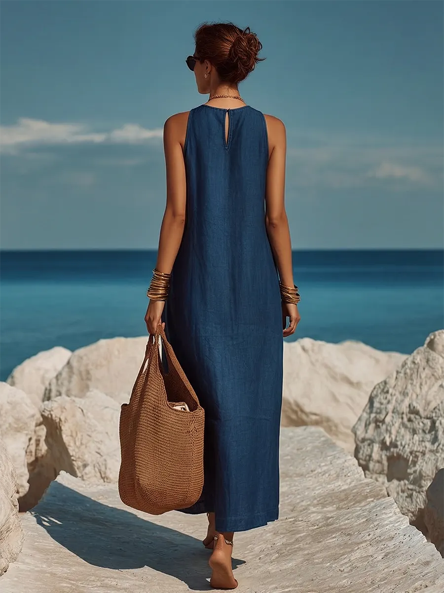 Minimalist Vacation V-neck Sleeveless Tencel Denim Maxi Dress