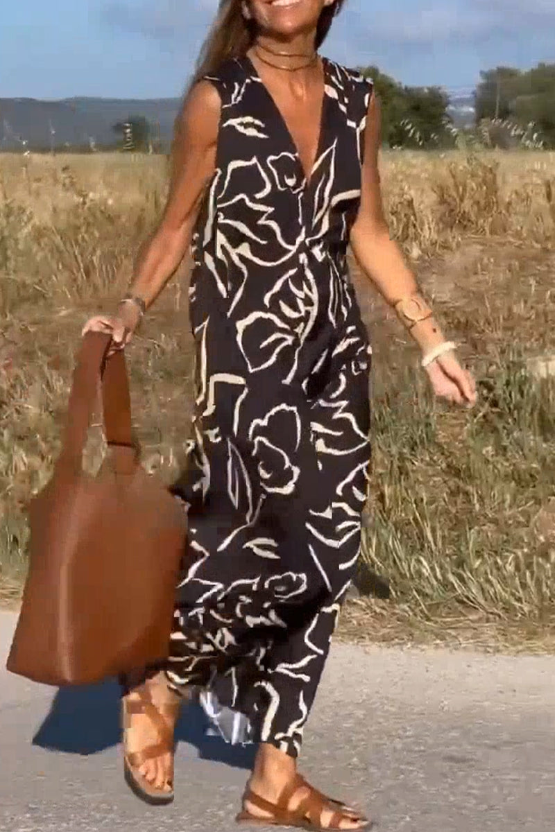 Women's V-neck Sleeveless Printed Loose Casual Dress
