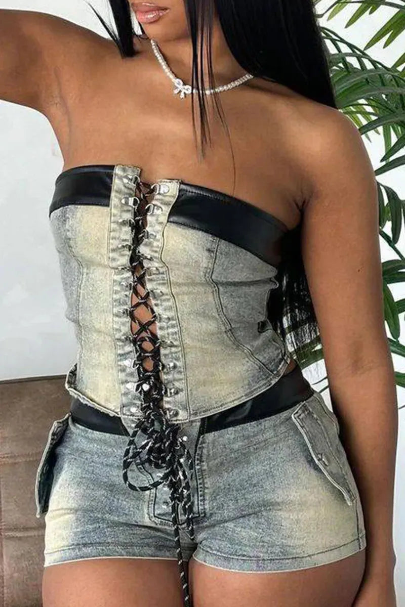 Women Acid Washed Denim PU Contrast Trim Strapless Crisscross Lace Up Corset Top Or Acid Washed Denim PU Trim High Waist Side Cargo Pocket Slim Denim Shorts