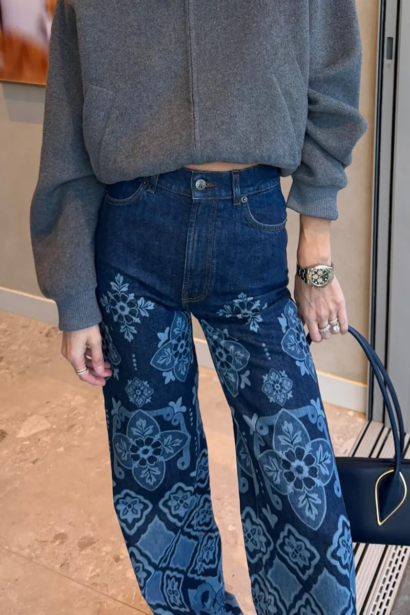 Women's Casual Versatile Wide Leg Pattern Print Jeans