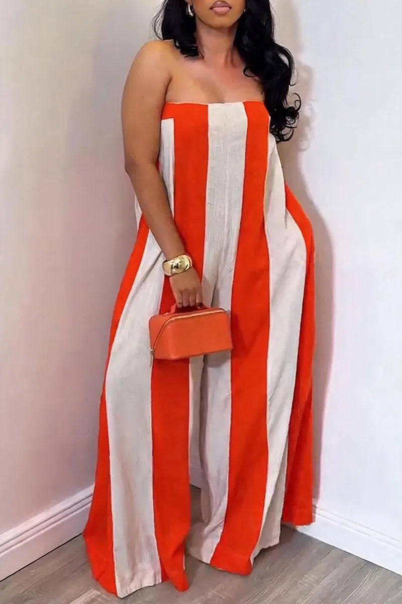 Women's Casual Strapless Wide Stripe Wide Leg Jumpsuit