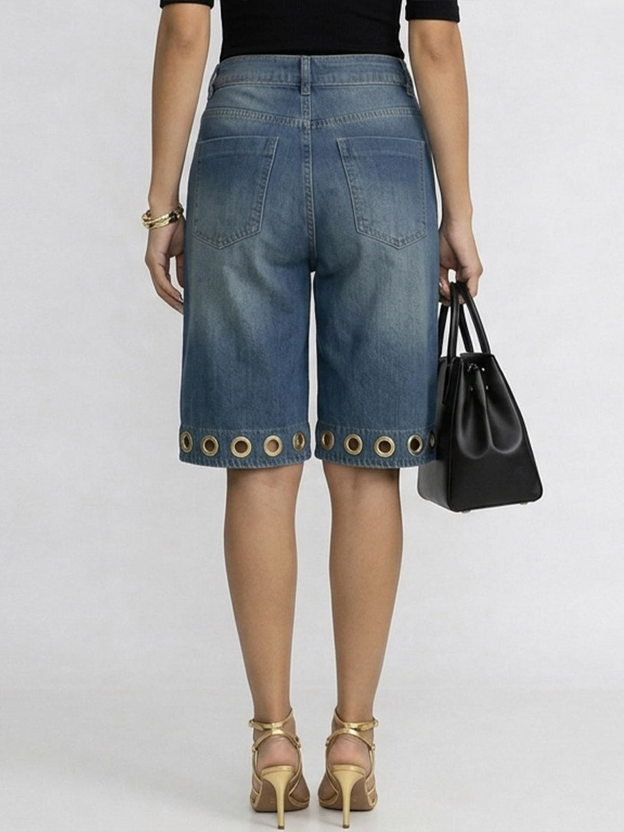 Women's High-waisted Casual Loose-fit Denim Wide-leg Shorts With Metal Cutout Design