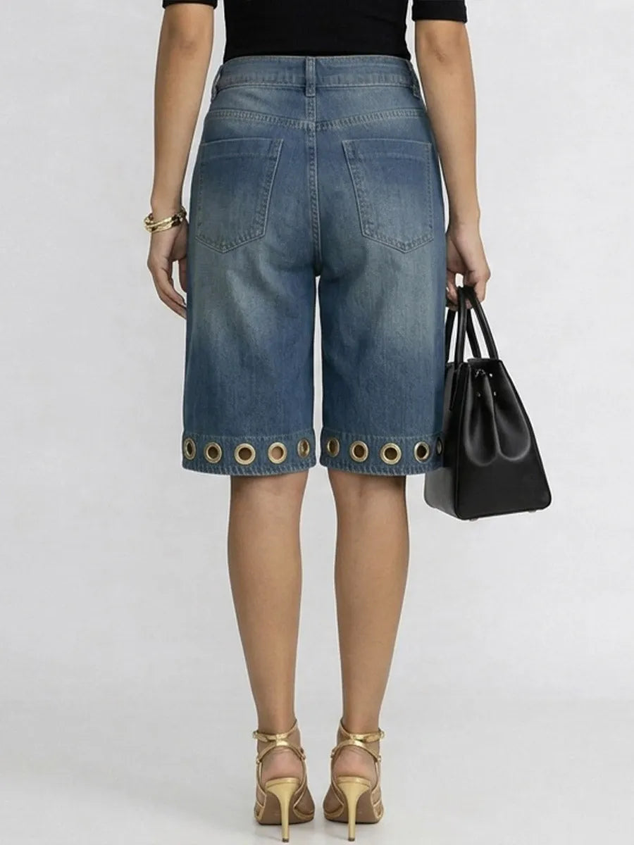 Women's High-waisted Casual Loose-fit Denim Wide-leg Shorts With Metal Cutout Design