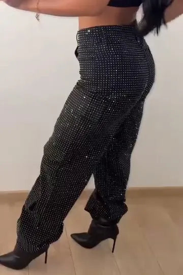 Women's Fashion Flap Pocket Rhinestone Jeans