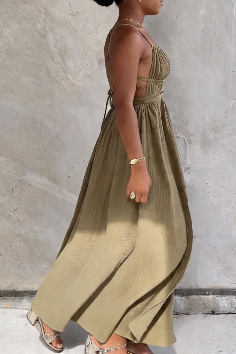 Women's Resort Drawstring Pleated Open Back Dress