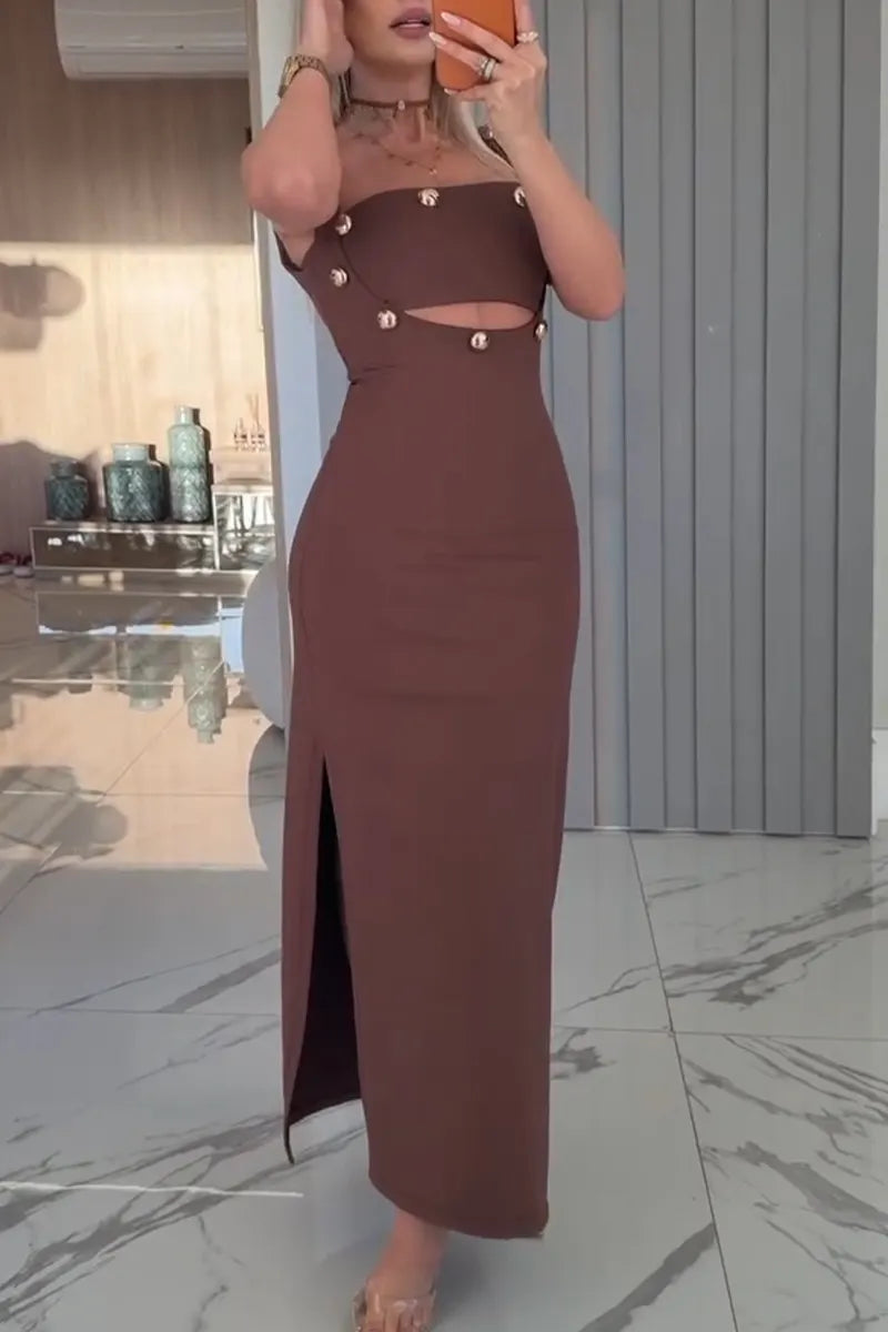 Women's Metal Button Decoration Strapless Top+ Slit Dress Sexy Temperament Two-piece Set