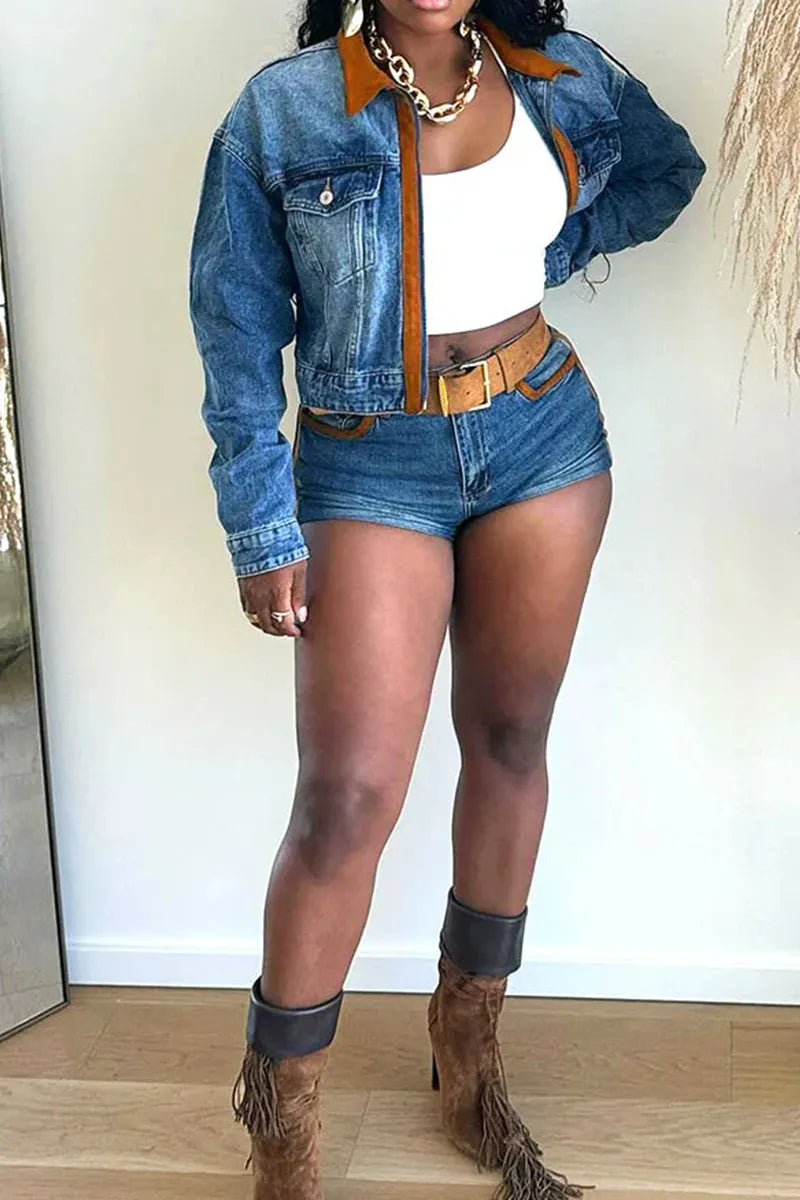 Women's Casual Long Sleeve Denim Jacket Or Casual Short Denim Shorts