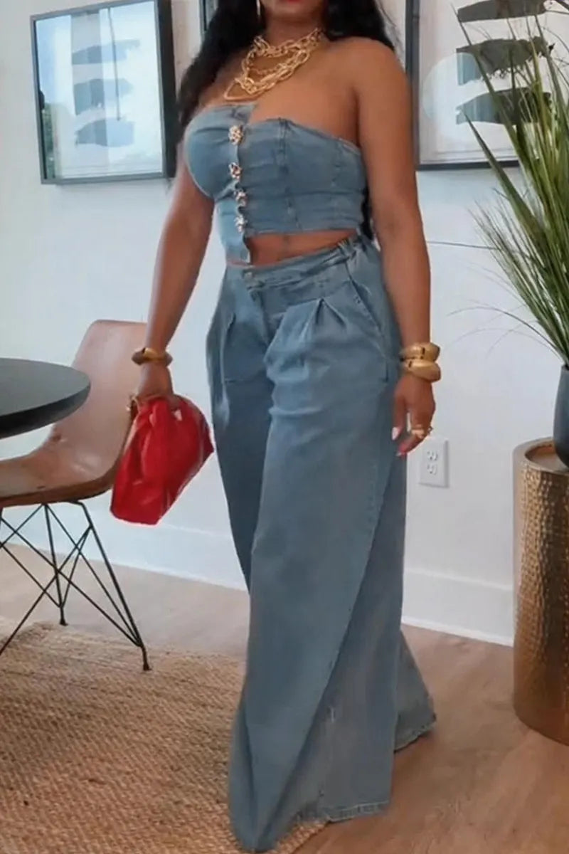 Women's Casual Button Trim Asymmetric Denim Bustier or Jeans